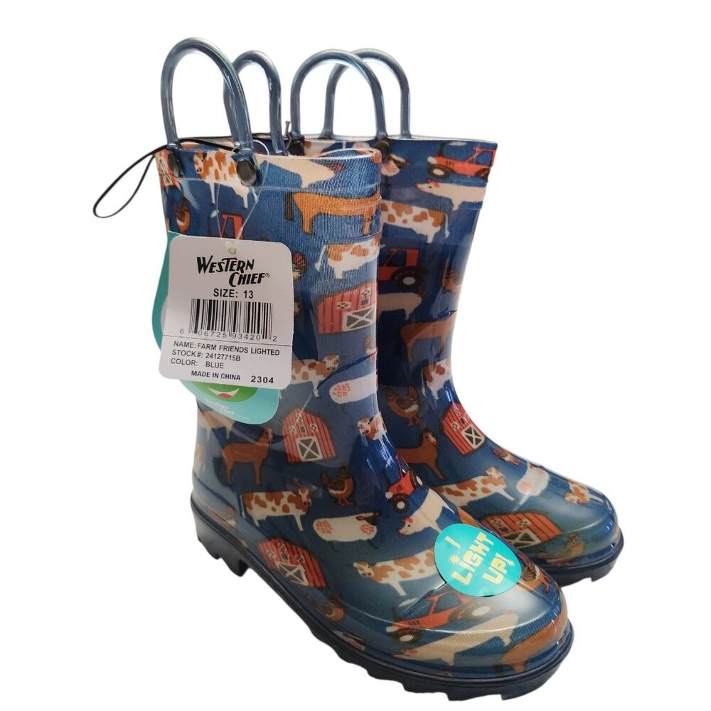 Western Chief Boots Kids 13 Blue Farm Winter Rain Waterproof Light Up